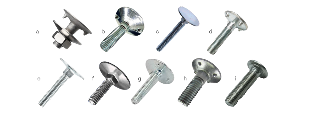 Various stainless steel elevator bucket bolts with nuts displayed on white background in multiple sizes and head styles