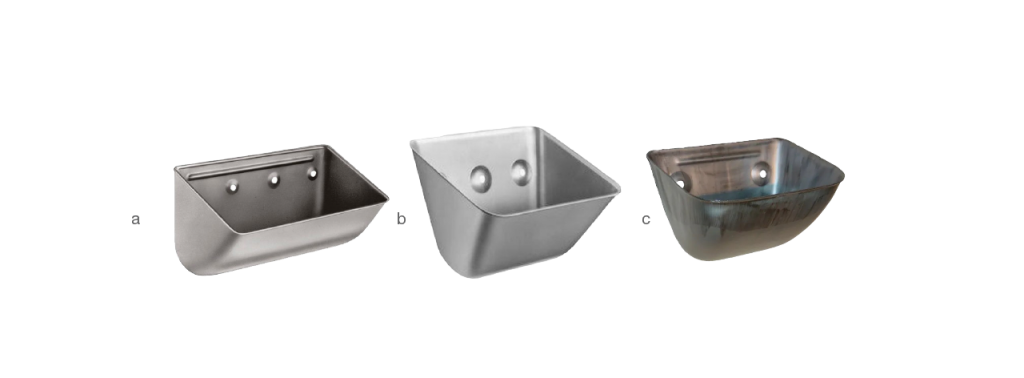 Les godets d'élévateurs galvanized steel buckets in varied sizes on gray industrial background for grain handling systems use.
