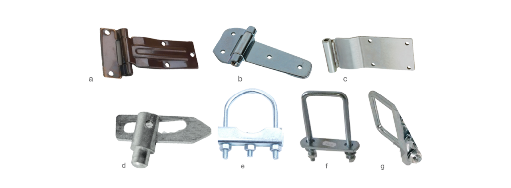 Assorted heavy duty metal hinges, clamps, brackets and U-bolts for trailer parts india market and repairs and towing use