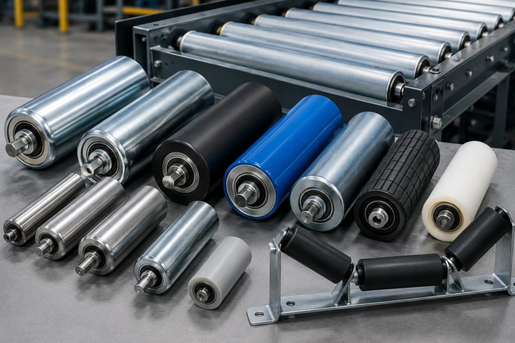 Industrial conveyor belt rollers displayed in factory setting with steel, rubber, and plastic roller components.